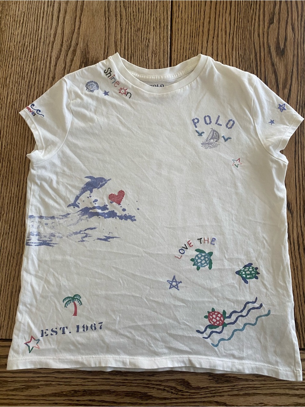 Polo Ralph Lauren Girls T-shirt Ocean Themed With Embroidery - White Size Large